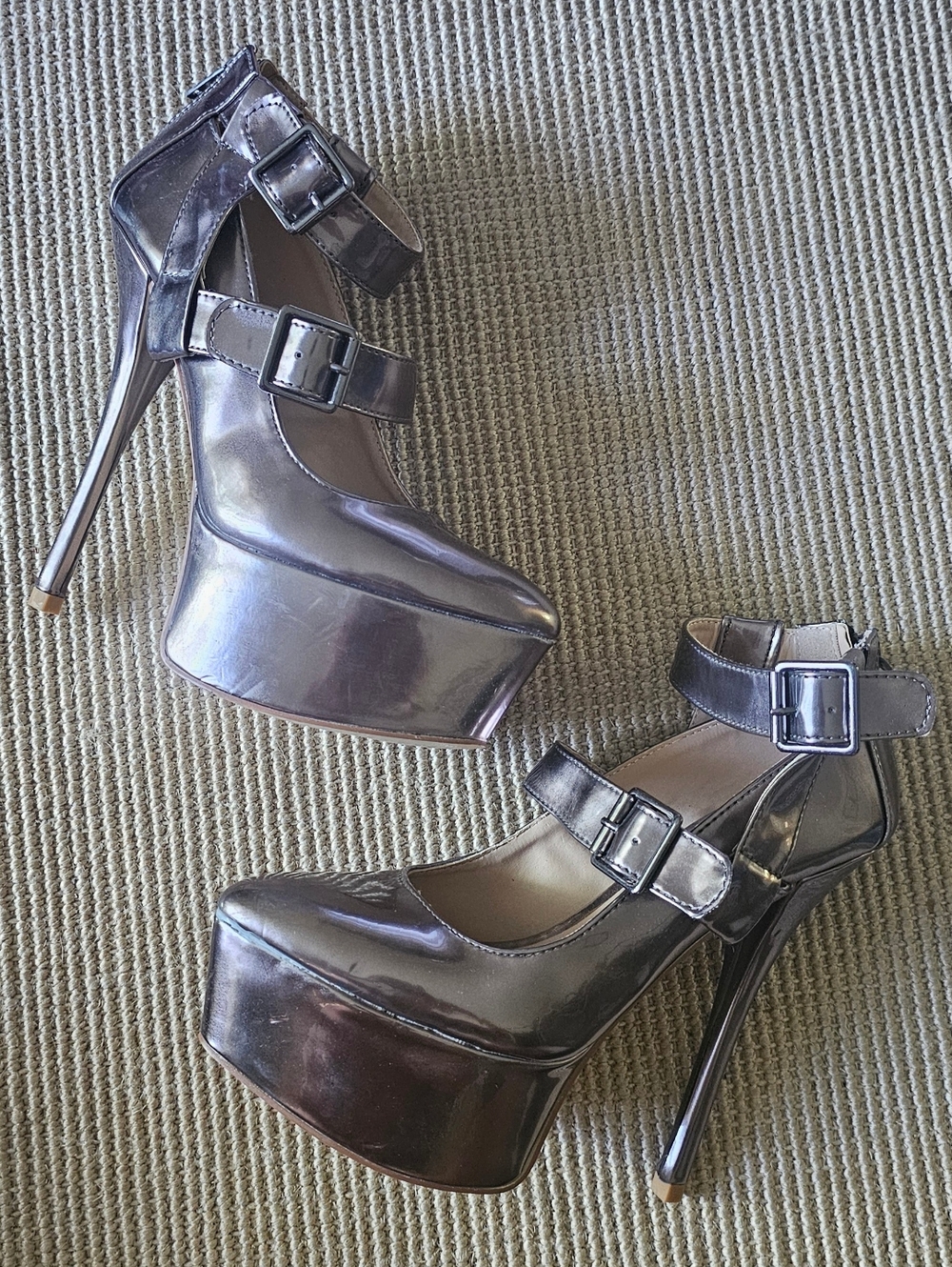 JustFab Metallic Gunmetal Double Strap Stiletto Pointed-Toe Pumps Women's Sz 6.5